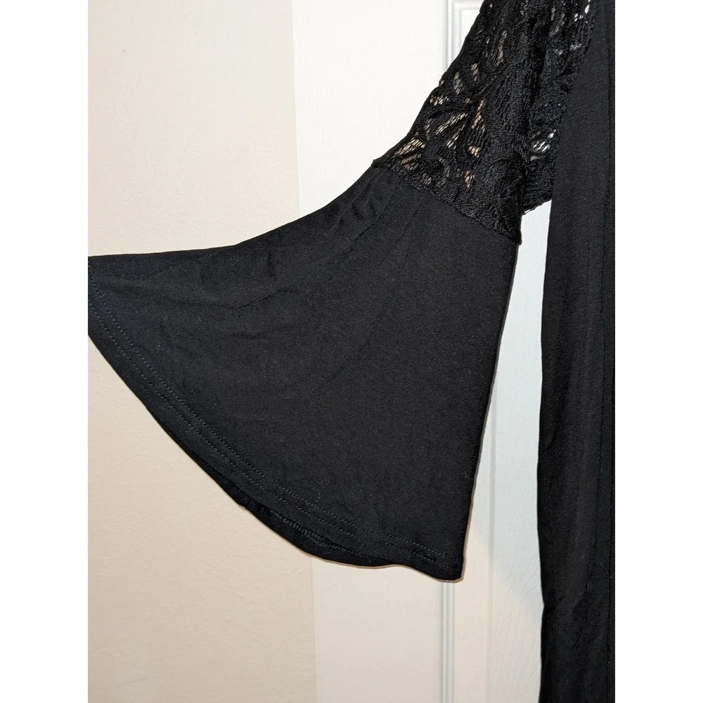 Evolution Lace Bell Sleeve Top‎ V-Neck Blouse Elegant Party Top Black Size L